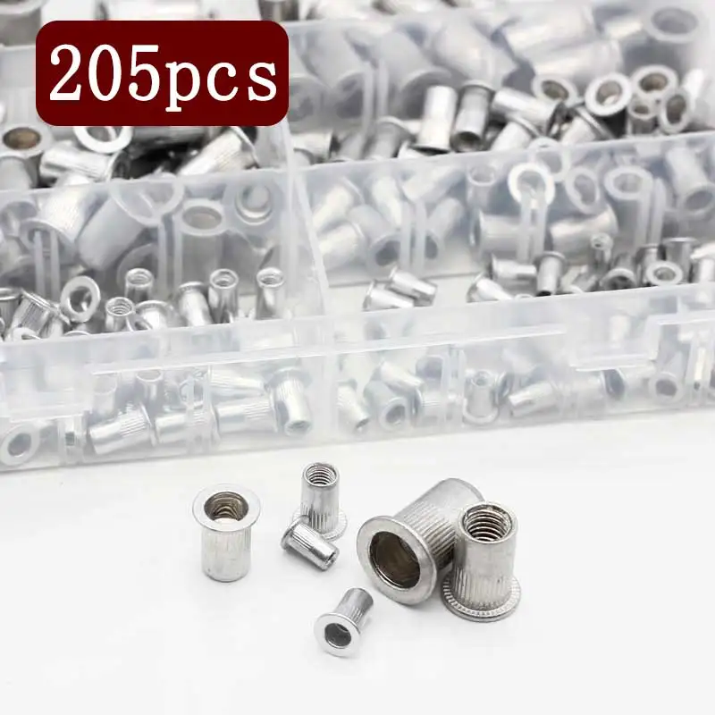 

M3 M4 M5 M6 M8 M10 Aluminum Flat Head Rivet Nuts NutsInsert Cap Thread Insert Rivet Nut Tool Set 205pcs Aluminum Alloy Rivnut