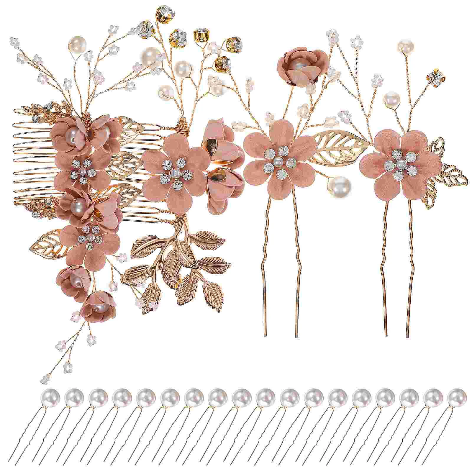

22Pcs/Set Pearl Flower Leaf Hair Side Comb Clips with U-shaped Hair Pins Headpiece for Women
