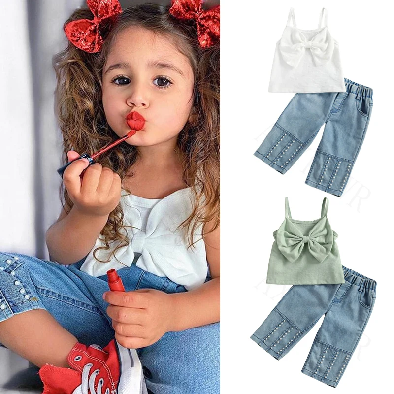 

Комплекты одежды для девочек от 1 до 6 лет Emmababy, однотонный жилет без рукавов с большим бантом, топы, джинсовые брюки с жемчугом, 2 шт., летний п...