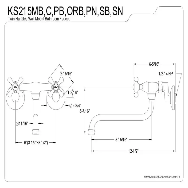 

KS215SN Two Handle Wall Mount Bathroom Faucet, Brushed Nickel