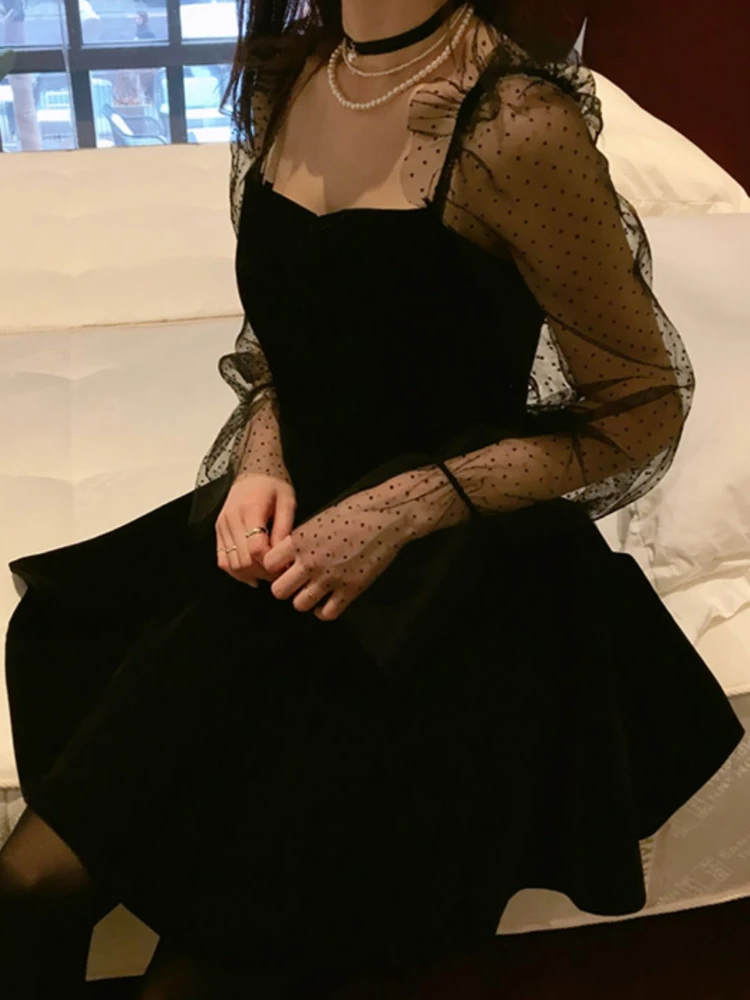 Мини-платья женские винтажные с квадратным воротником в горошек сетчатые