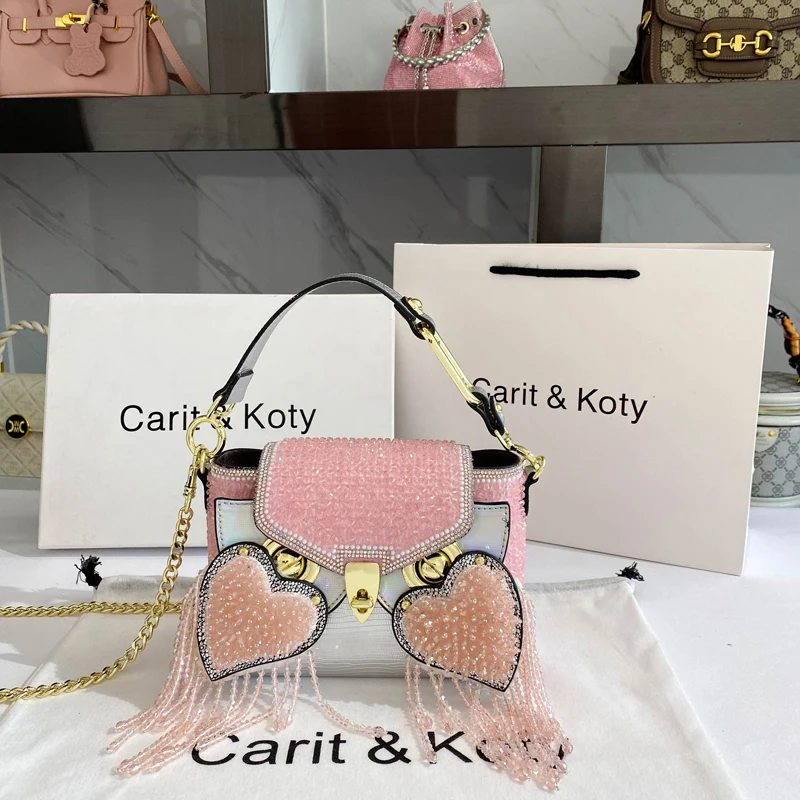 Summer messenger girl pink bag high-end mobile phone chain bag fringed rhinestone banquet dress all-match small square bag women