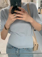 2022 summer women short sleeve knitted sweater korea candy color crop tops casual lady round neck slim chic pullover soft jumper