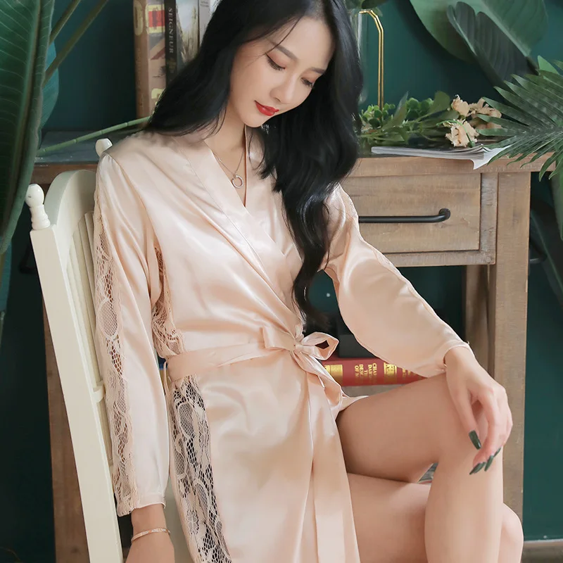 

Новинка весна-лето, Шелковый Атласный Женский халат с длинным рукавом, однотонная кружевная Женская свободная повседневная одежда для сна, ночное белье