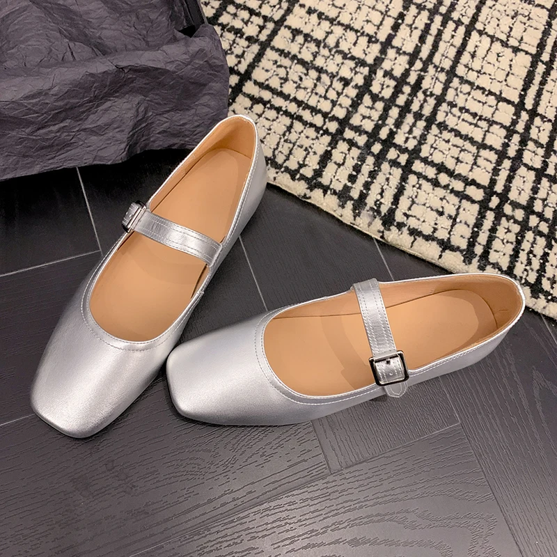 34-41 large size spring and autumn square head cow leather gold women's shoes with low heel and simple thick heel women shoes