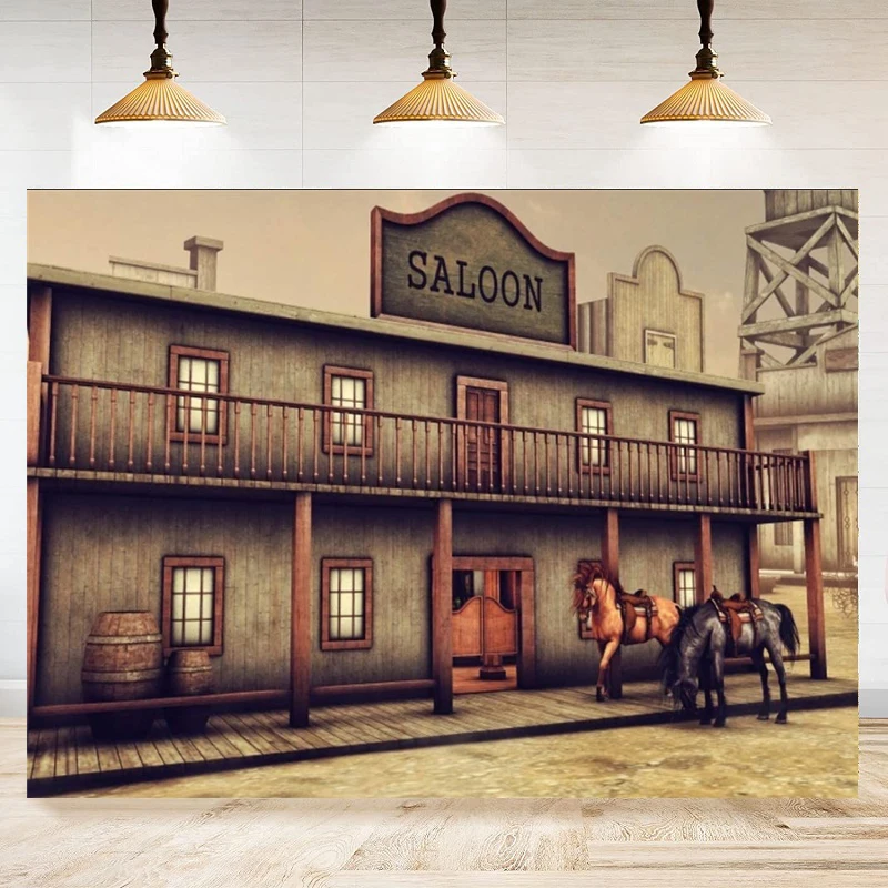 

Винтажный фон для фотосъемки с фермой Западная улица деревянное здание ковбойский город банк лошадь сарай фон Плакат Баннер