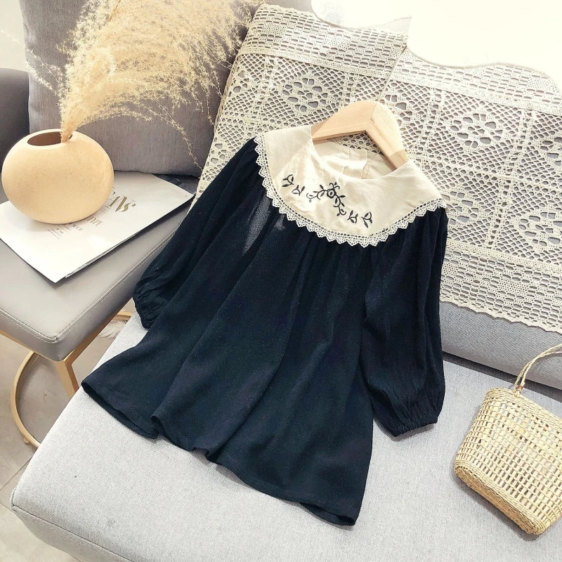 Вышитые платья с длинным рукавом и кукольным воротником для девочек однотонные