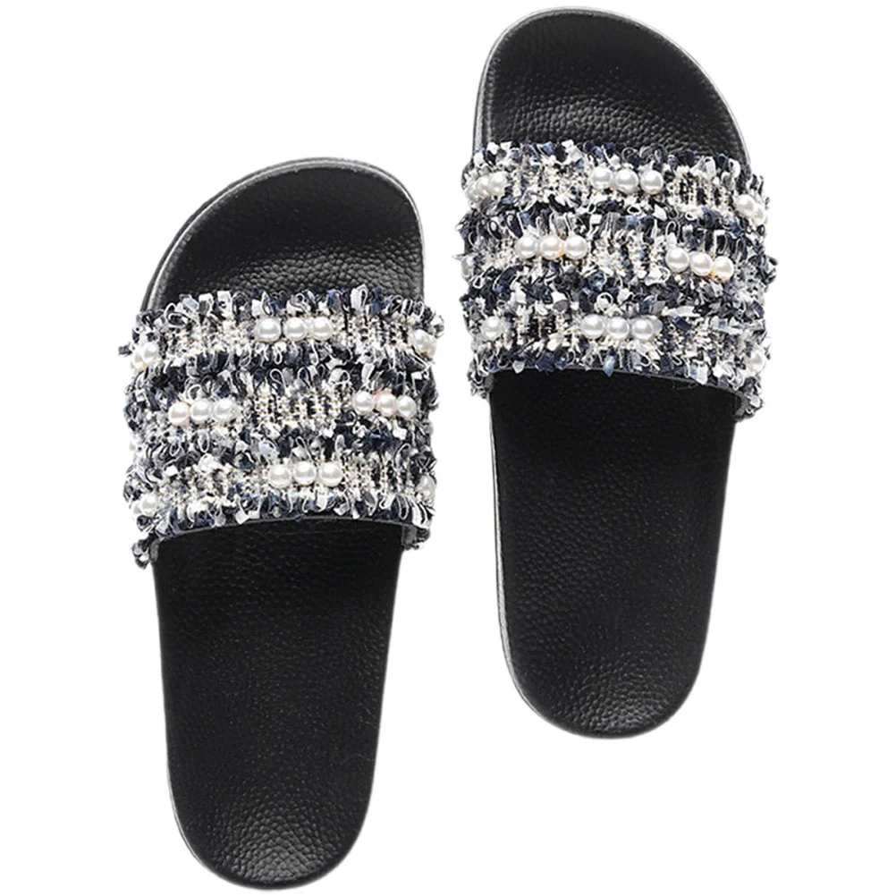 3 Pairs Platform Sandals Women Woven Pearl Slides Flat Slipper Braided Household 7.5 Pvc Miss