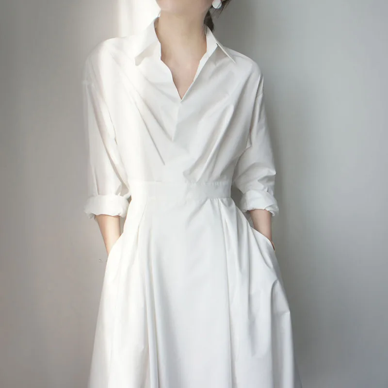 Office Lady Elegant White Long Sleeve Long Polo Cotton Dress Women Spring Autumn Casual Shirt Dresses Pocket Beach Sundress 2023