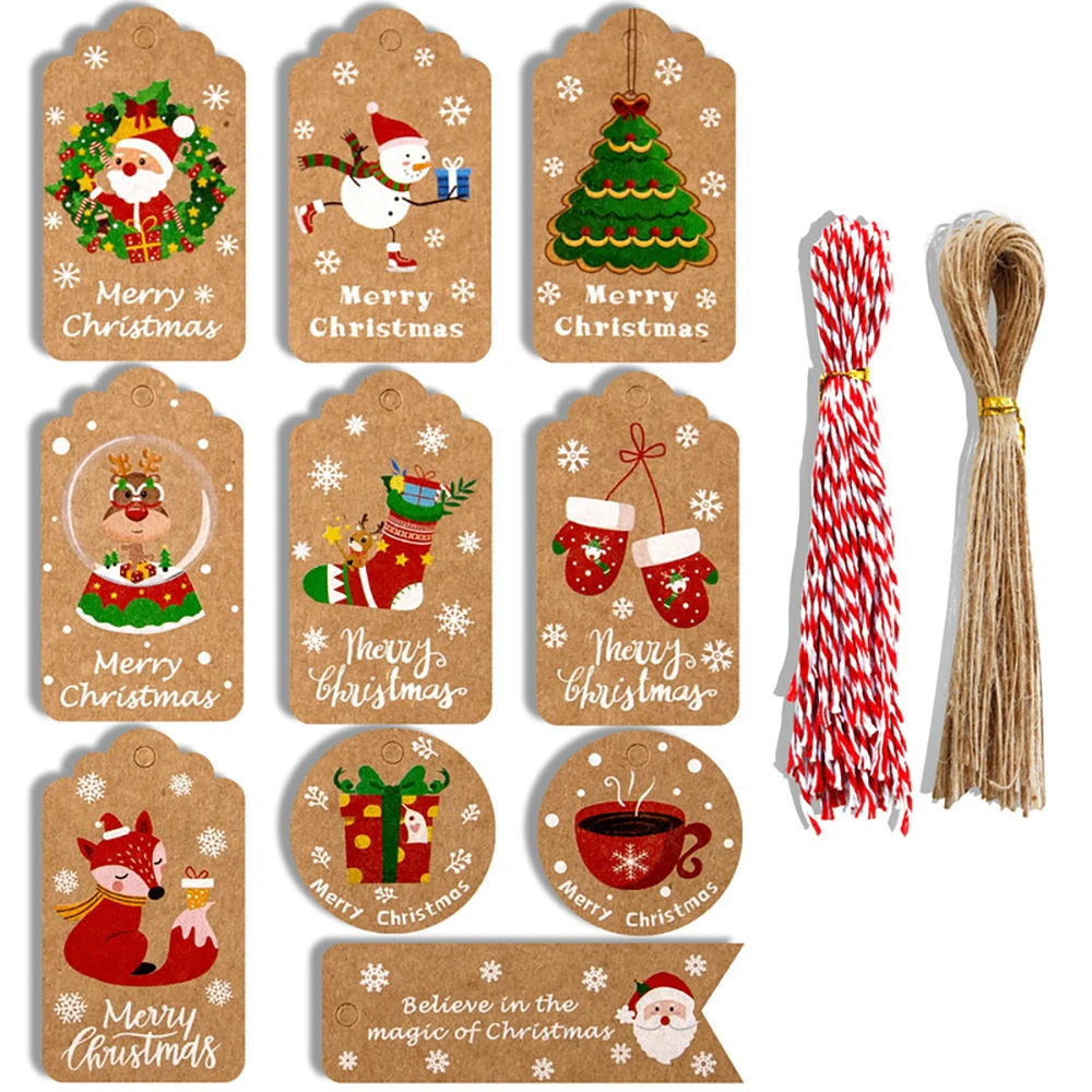 

100Pcs Merry Christmas Gift Tags Santa Claus Snowman Xmas Tree DIY Hang Tags with Rope New Year Party Gift Wrapping Labels