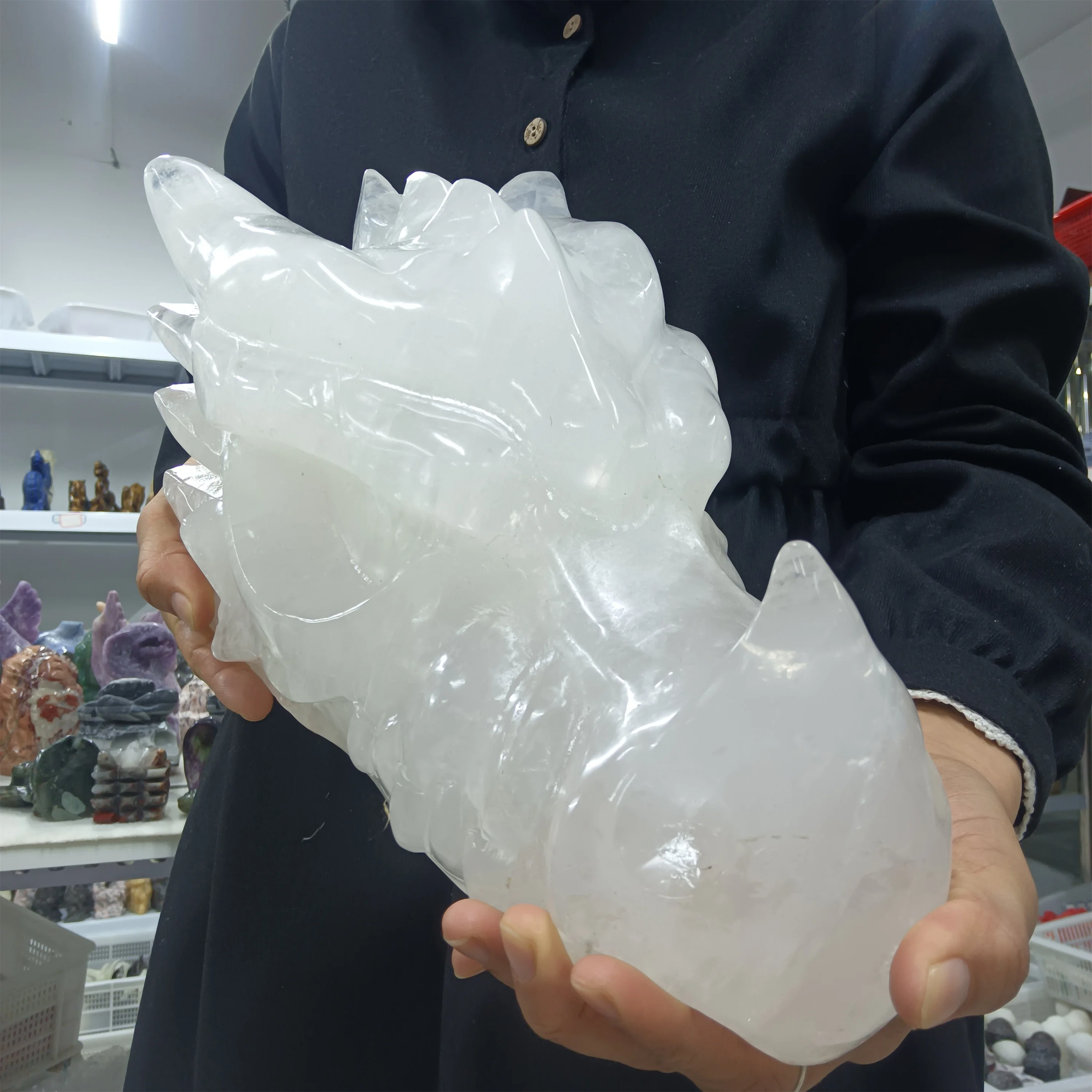 Natural White Quartz Dragon Head Bone Crystal Mineral Reiki Healing Wealth Demagnetization Decor