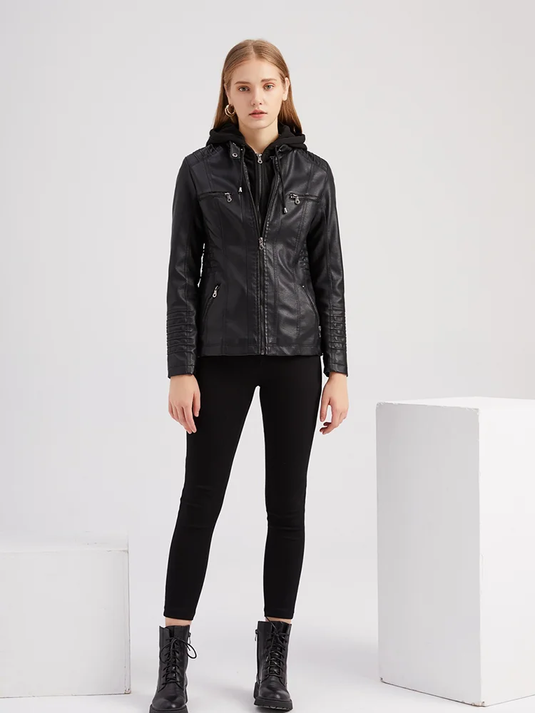 British Style Women's Hooded Leather Jacket Fashion Detachable Large Leather Jacket Spring And Autumn Women's Coat