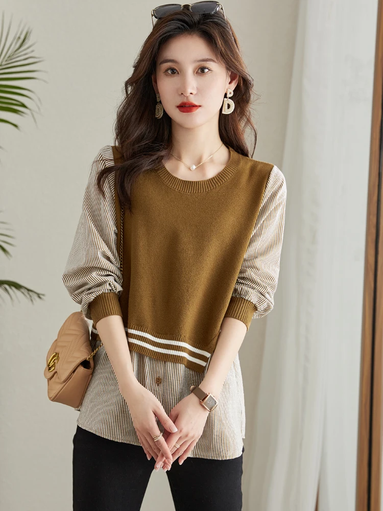 Весна и осень 2024 новый свитер лоскутные рубашки модный западный стиль средней