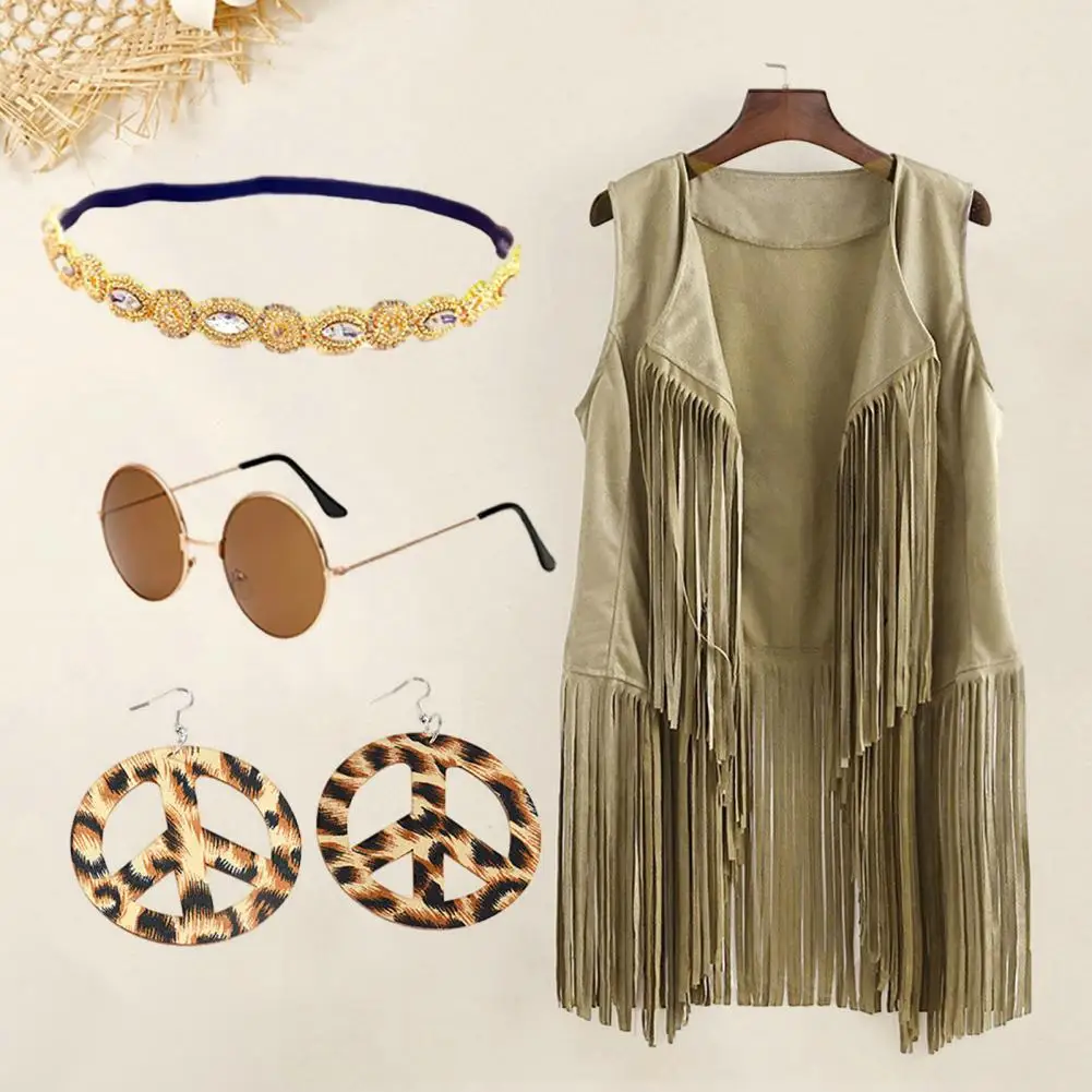 

Hippie Style Vest Vintage Western Cowboy Jewelry Set with Waistcoat Earrings Necklace Glasses for Performance Cosplay Party