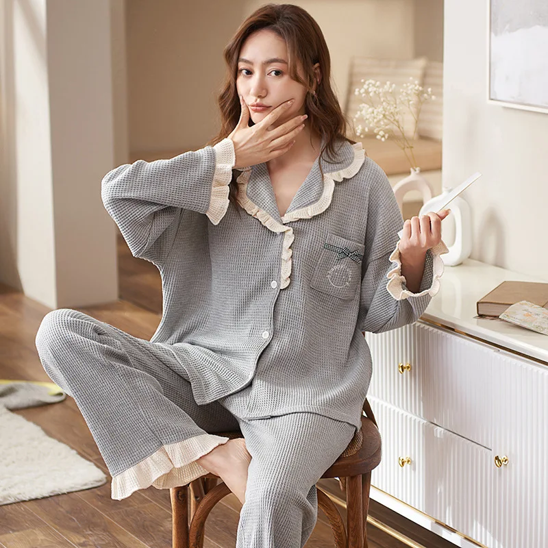 New Autumn Winter Women's Waffle Home Clothes Lapel Long-Sleeved Trousers Pajamas Set Outside Wear Suit Pijama Mujer M-3XL