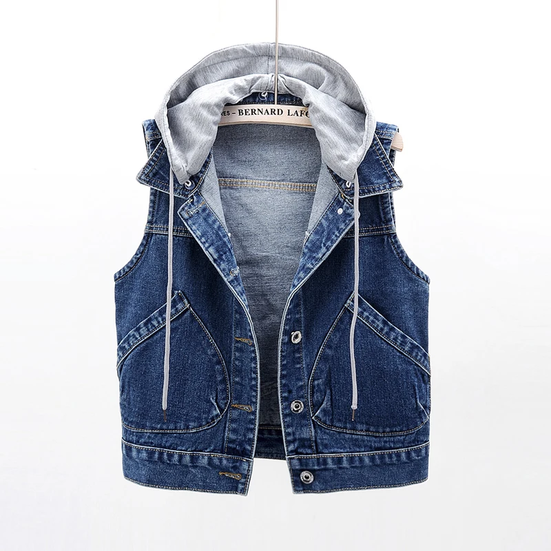 

Vintage Blue Removable Hooded Denim Vest Women Slim Short Waistcoat Embroidery Cowboy Sleeveless Jacket Pocket Jeans Vest Female
