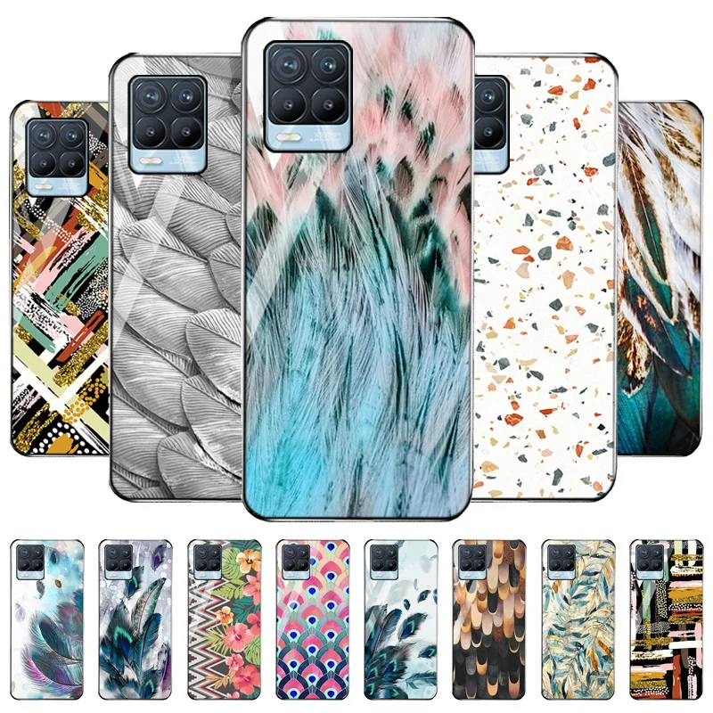 

Feather Painted Case For OPPO Realme 9 Pro Case Tempered Glass Funda Realme 8 8i 9i 7 6 5 Pro C3 C21 C20 C11 GT Neo Back Cover