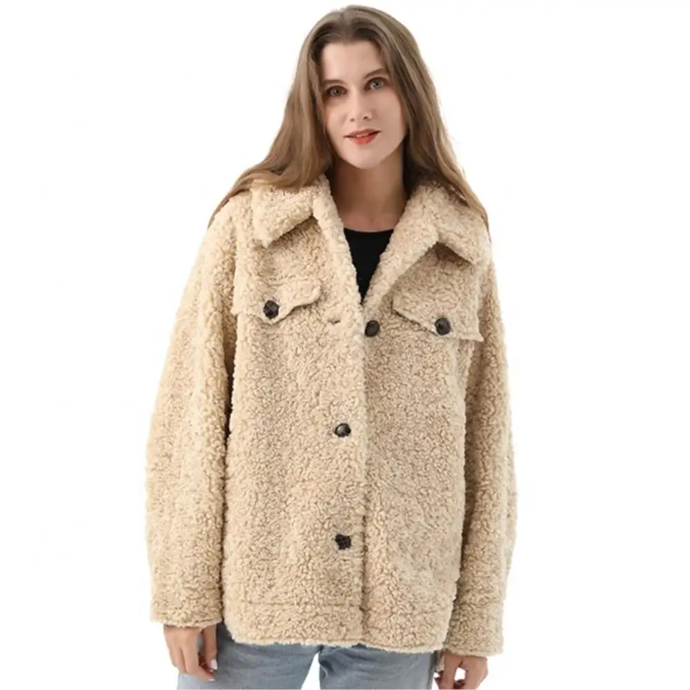 Women Winter Warm Real Fur Coat Thickened Button Lapel Pure Color Jackets Fashion Designer Teddy Fleece Luxury Woman Fur