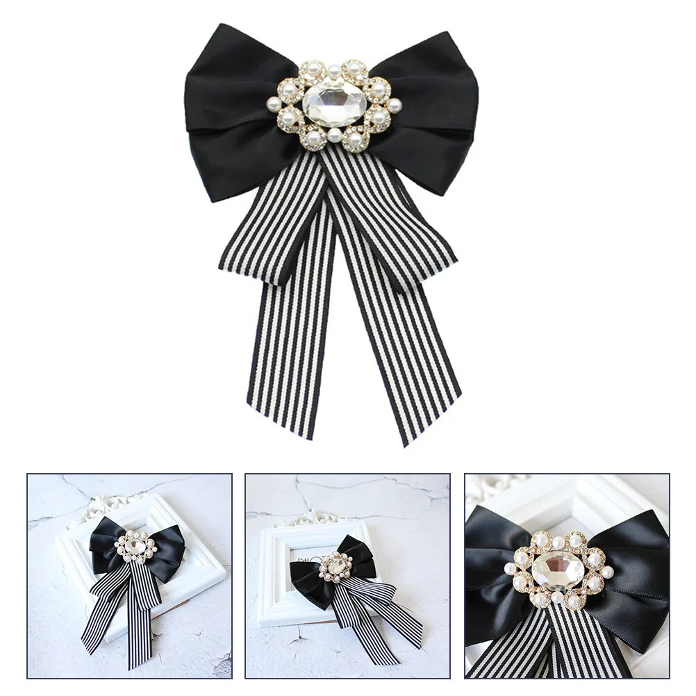 

Bow Brooches with Rhinestone Pearls Bow Tie Brooch Black Ribbon Bow Tie Stripped Ribbon Brooch Party Clothing Accessories for