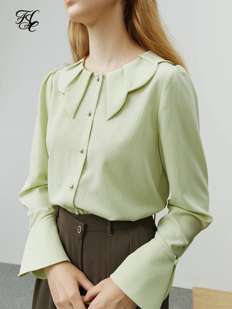 

Элегантная женская рубашка FSLE с лепестковым воротником Темпераментная Женская блузка с длинными рукавами на осень 2022 Новинка шикарный топ с булавками цветные женские блуз