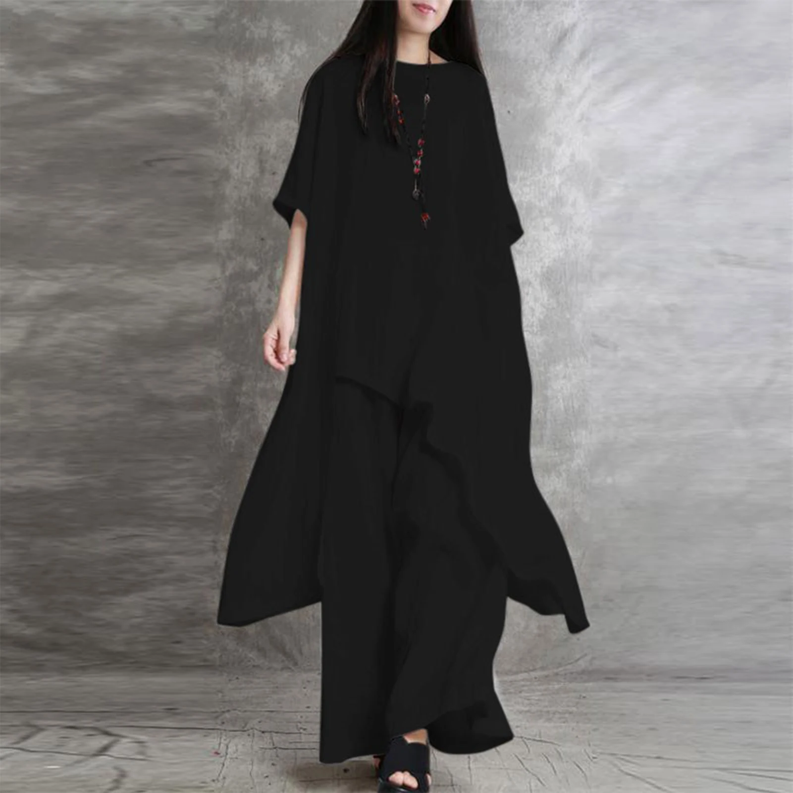 

Women Matching Sets 2023 Summer Outifits Half Sleeve Irregular Blouse Wide Leg Pants Oversized Solid Tracksuits