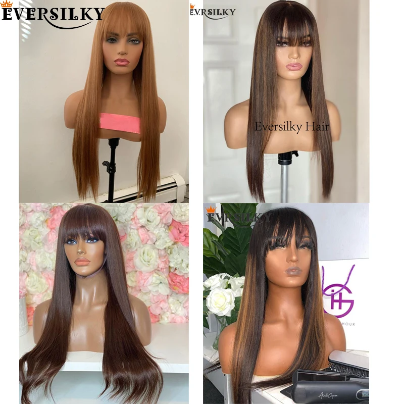 

Silky Straight Brazilian Fringe Full Machine Made Human Hair Wigs with Bangs 200Density Scalp Top Golden Brown Highlight Wigs