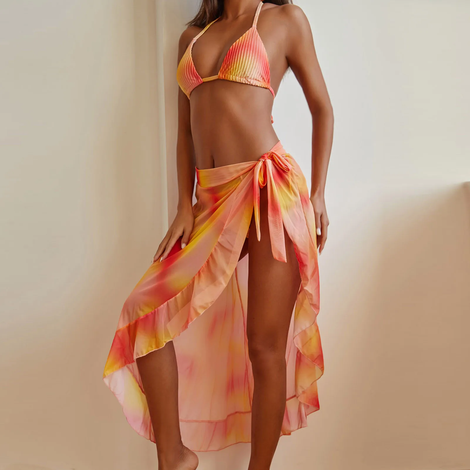

Sexy Gradient Print Swimsuit 3pieces Mesh Bikini Set Triangle Micro Bikini String Halter Swimwear Women Low Waist Bathing Suit