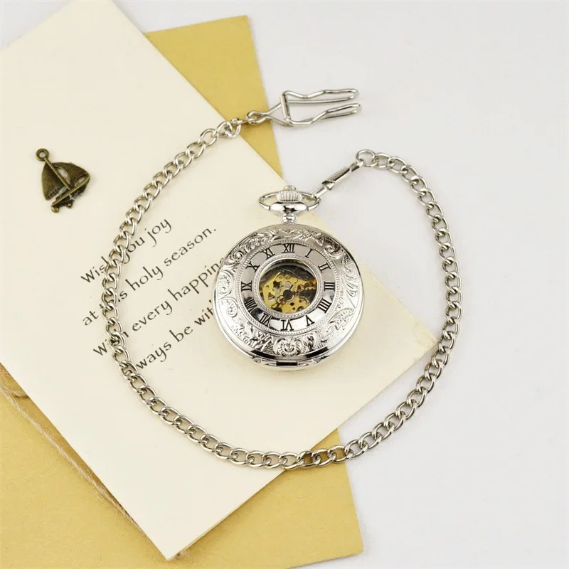 Luxury Mechanical Dual Two SideOpen Pocket Watch for Men Women Skeleton Roman Numeral Fob Chain Pendant Clock for Collection