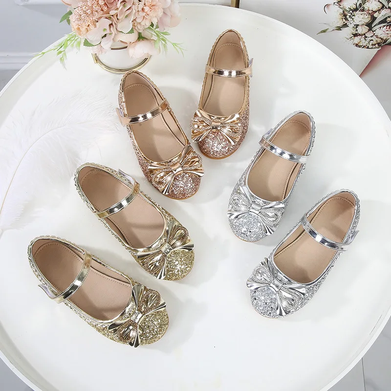 2024 новая детская обувь для девочек золотого цвета с бантом и блестками резиновые