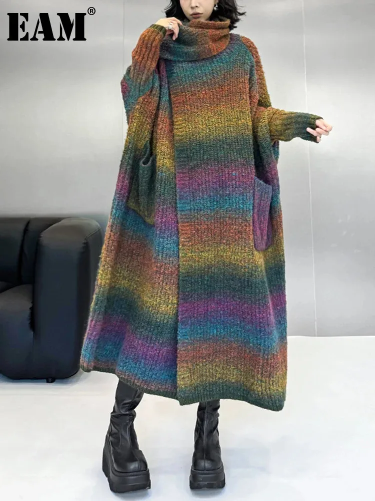 [EAM] Зеленый длинный вязаный кардиган большого размера свитер шарф воротник рукав