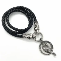 odin raven amulet pendant viking wolf heads leather chain punk talisman amulet mens necklaces
