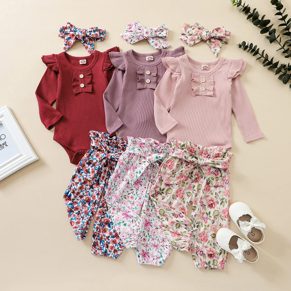 

Newborn Baby Girl Clothes Pullover Long Sleeve Ruffle Jumpsuit Bow Pants Headband Spring Autumn Clothing 3 Piece Set 0-24M