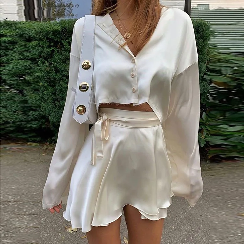 

White Elegant Satin 2 Two Piece Set Women Lantern Long Sleeves Crop Tops Cardigan Sexy High Waist Mini Tennis Sports Skirts