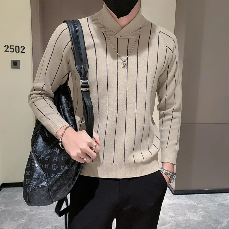 

High quality Striped High Fashion Brand Undercoat Men's T-Shirt 2023 New Autumn and Winter Thickened Sweater
