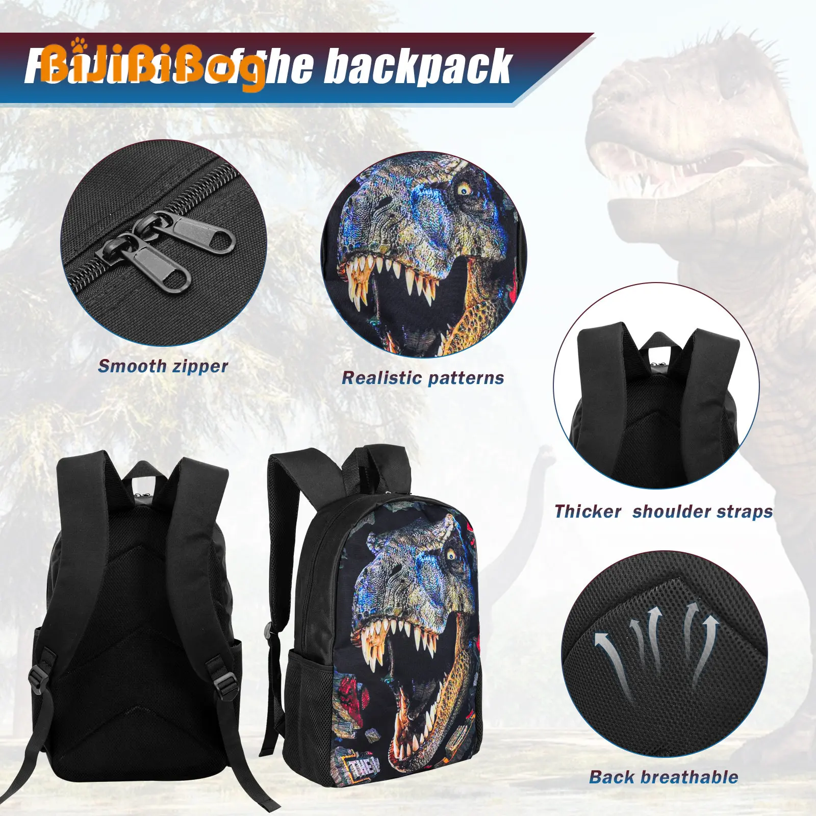 Students Backpacks 3D Dinosaur Printed Boys Backpacks 3 Pcs School Bag Set with Thermal Insulated Lunch Bag Pencil Bag
