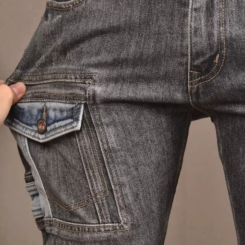 Streetwear Fashion Men Jeans Retro Gray Stretch Slim Fit Ripped Jeans Men Trousers Pocket Designer Patched Hip Hop Pants Hombre