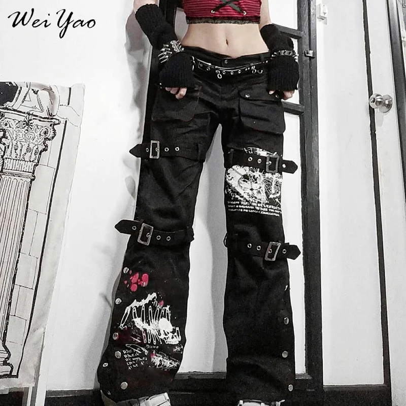 

WeiYao Eyelet Buckle Black Punk Goth Jean Fashion Woman Techwear Dark Academic Print E Girl Cargo Pants Low Waist Denim Trousers