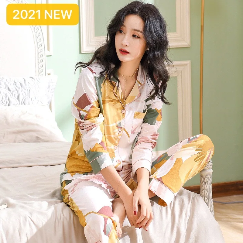 Spring Autumn Pajama Cotton Plush Lady Homewear Women Pyjamas Set Plus Size Floral Printing Women Pyjamas Navy Luxury Loungewear