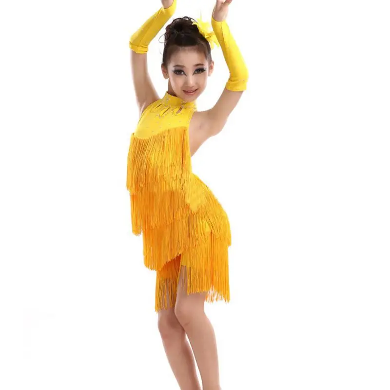 

Solid Tassel Dance Dress For Girls Latin Salsa Dance Wear Party Costume Stage Performance Outfit For 4-11 Years