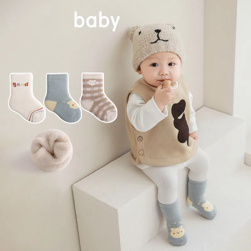

3 Pair Winter New Calf Sock for Baby Boy Girl Cute Cartoon Striped Kid Calf Sock Warm Fury Thicken Children Sock Baby Clothes