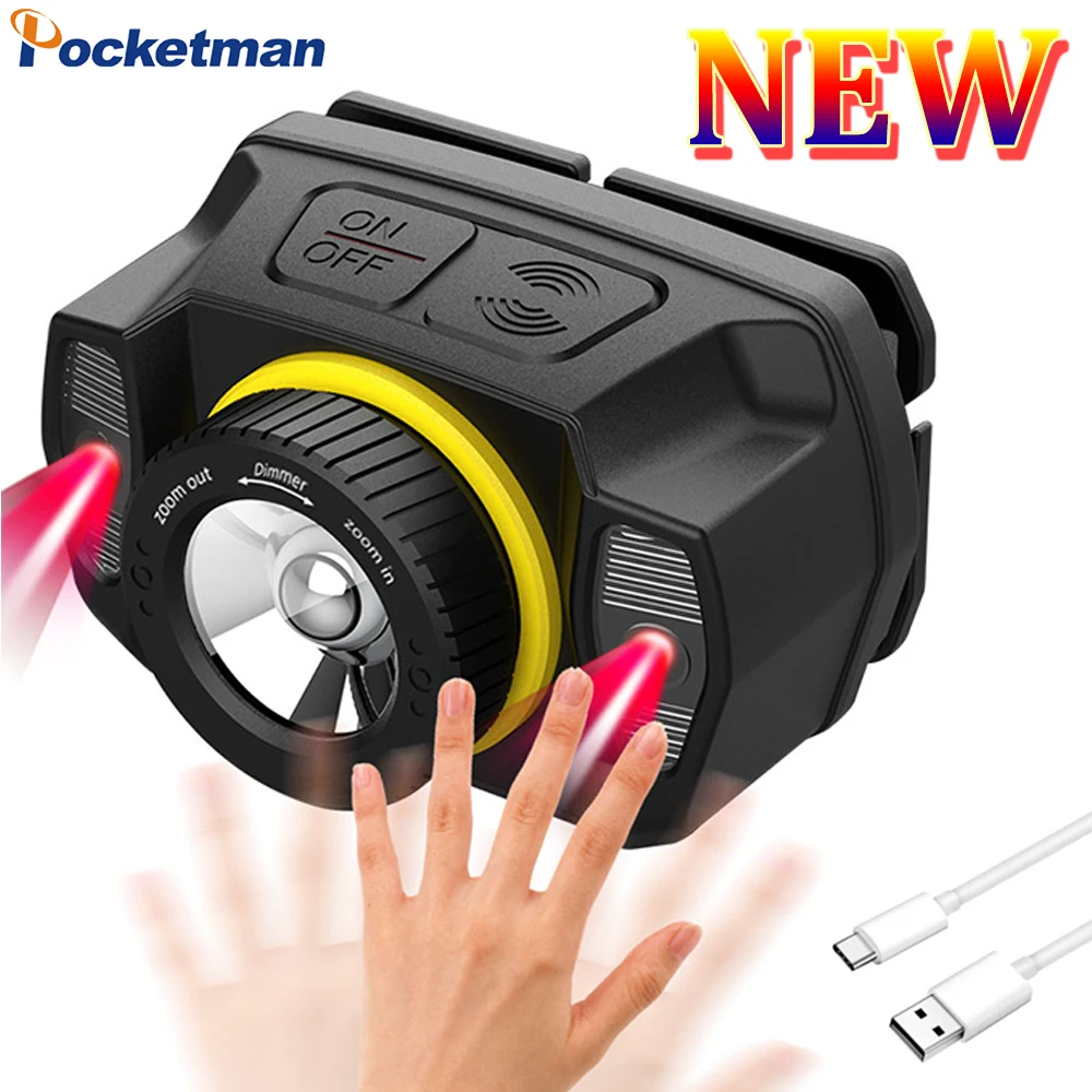 

LED IR Sensor Headlamp USB Rechargeable Headlight Waterproof Zoomable Head Lamp Built-in Battery Head Front Light Induction