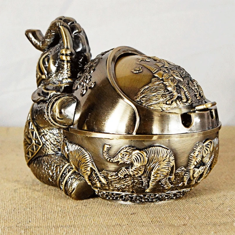 

Vintage Elephant Decorative Windproof Ashtray with Lid Metal Portable Decorative Tray Cigarette Holder Tobacco Smoking