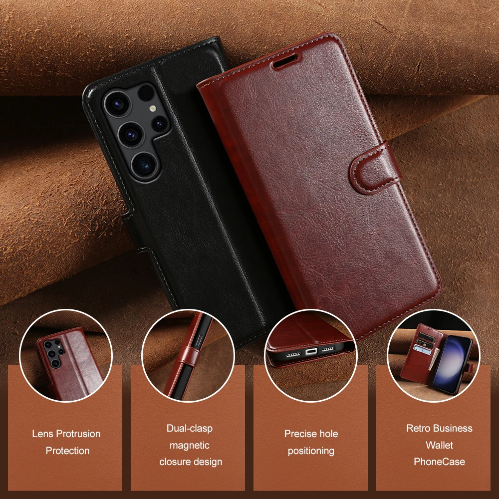 Фото Кожаный чехол-флип Crazy Horse для Samsung Galaxy S26 Ultra S25 Plus S24 FE S23 S22 S21 S20, чехол для телефона S26 Ultra Coque №1