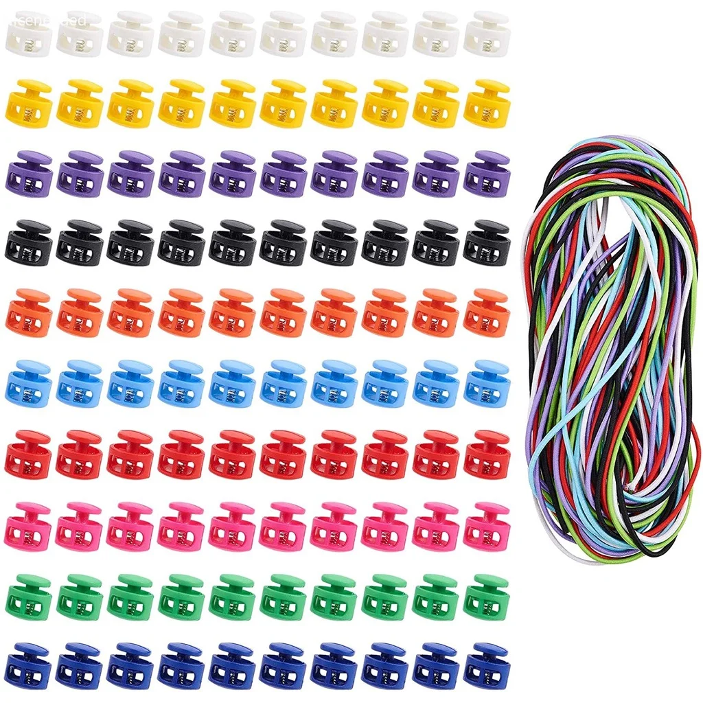 

100 Pcs Plastic Cord Locks with 59 Ft Elastic Cord Spring Fastener Slider Toggle Stopper Buttons for Drawstrings Bags Paracord