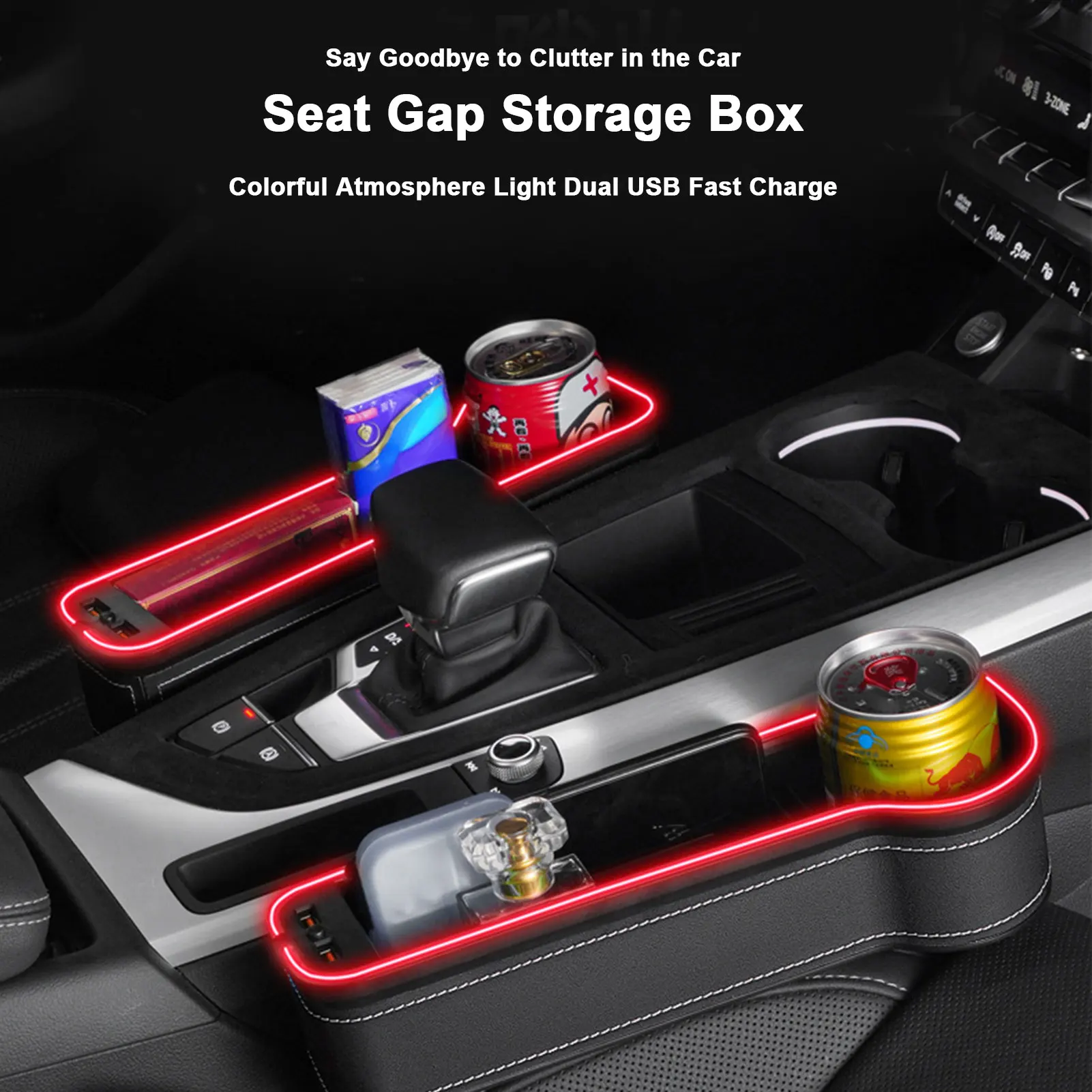 

LED Car Seat Organizer Car gap storage box with Dual USB Charging Ports Front Seat Organizers For Wallet Phone Coins Keys Cards