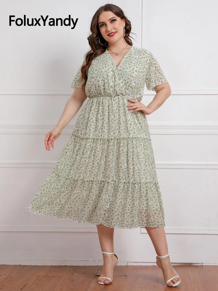 

Prairie Chic Women Summer Dress Plus Size V Neck Floral A-line Midi Short Sleeve Chiffon Dress 3 4 5 XL SQFS16