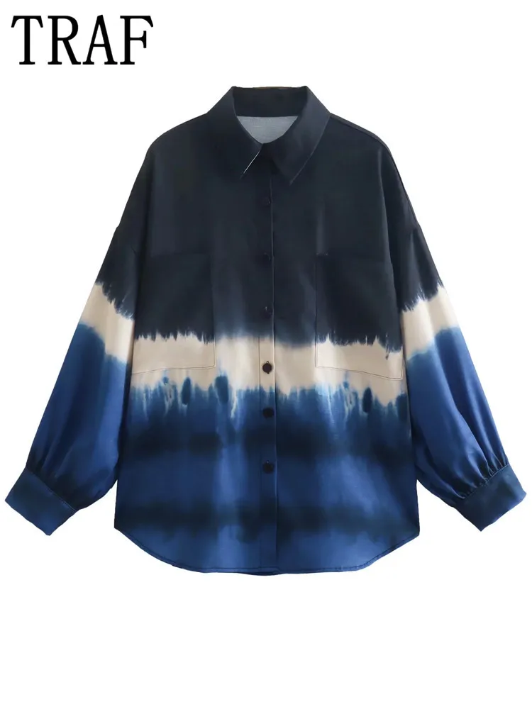 

TRAF Zar 2022 Tie Dye Women Shirt Collared Button Up Baggy Shirt Woman Streetwear Blue Blouses Women Casual Long Sleeve Top