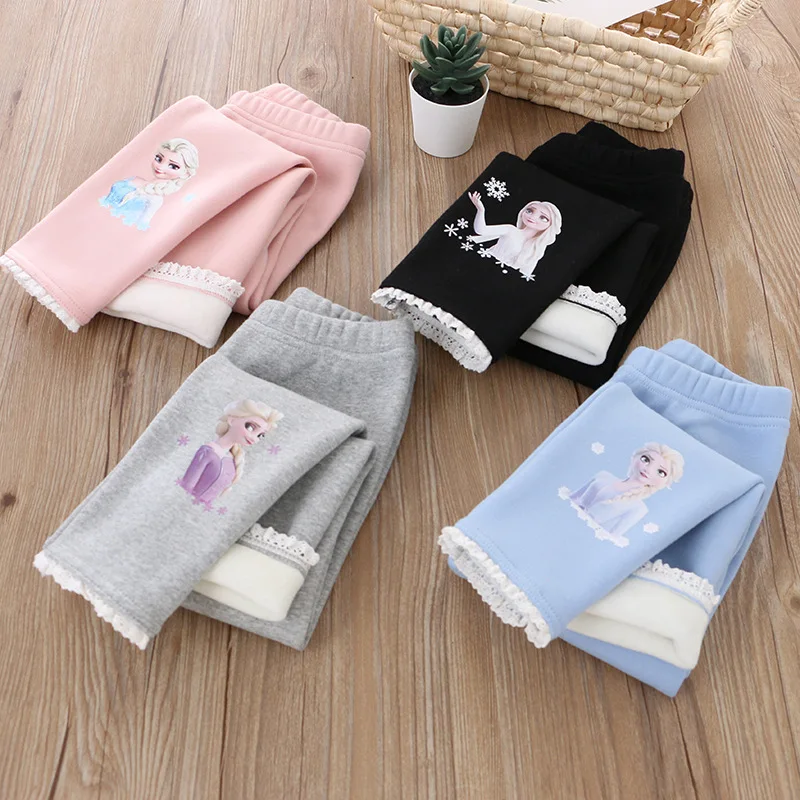 

Disney Frozen Princess Elsa Leggings Kawaii Cartoon Autumn Winter 3-9 Year Girls Plus Velvet To Keep Warm Girls Pants