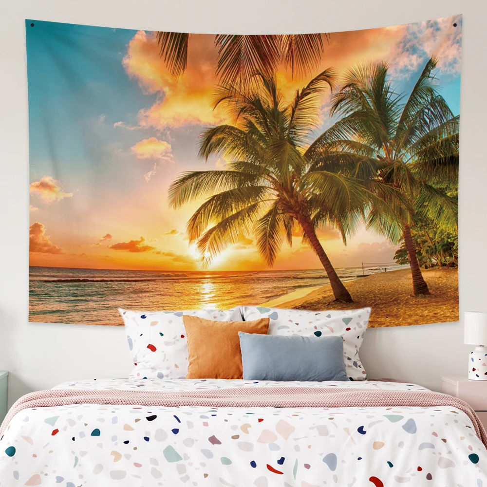 

Summer Seaside Scenery Tapestry Palm Tree Hippie Bohemia Wall Hanging Aesthetic Boho Room Blanket Bedroom Livingroom Decoration