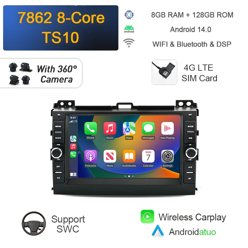 

Android 14 Carplay автомобильный радиоприемник 12G навигация GPS автомобильный мультимедийный плеер Wi-Fi Bluetooth для Toyota Land Cruiser Prado 120 2004-2009